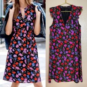 J.Crew Women's Painted Pansy 100% Silk Ruffle Flutter Floral Print Dress